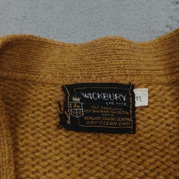 Vintage 60s Cardigan Mens Medium Brown Shetland Suede Leather Sweater Wickbury - Picture 4 of 7